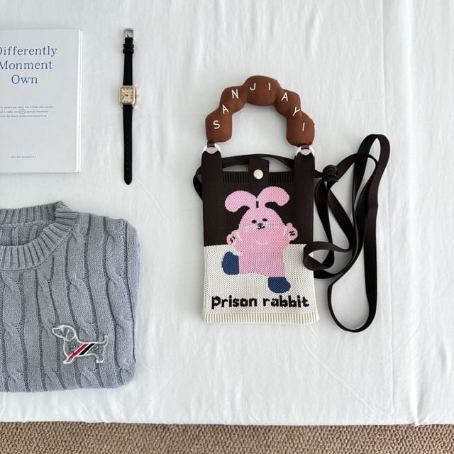 Top Donut Handle Cartoon Print Knit Crossbody Bag