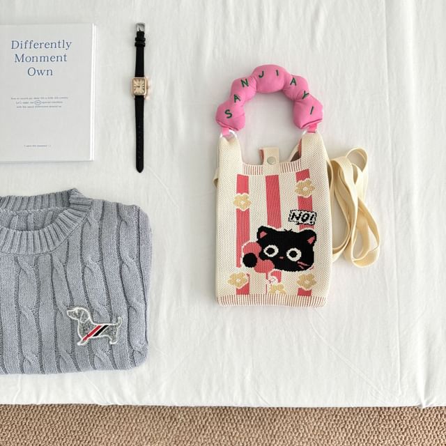 Top Donut Handle Cartoon Print Knit Crossbody Bag