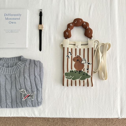 Top Donut Handle Cartoon Print Knit Crossbody Bag