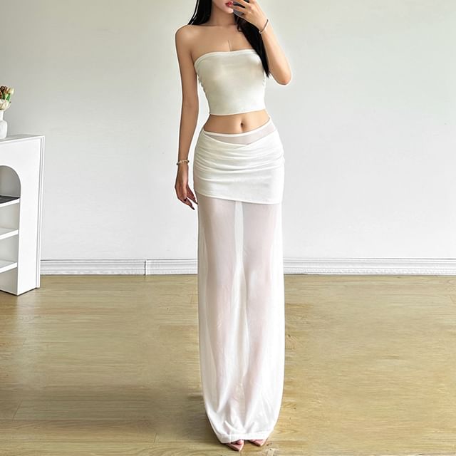Ruched Mesh Maxi Pencil Skirt with Panel