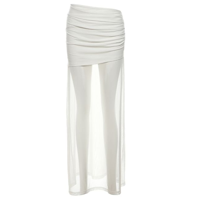 Ruched Mesh Maxi Pencil Skirt with Panel