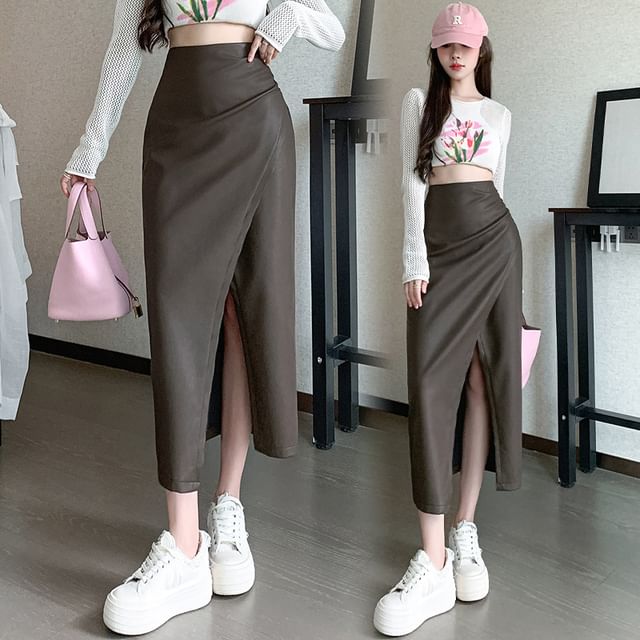 Faux Leather Slit Midi Pencil Skirt