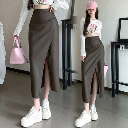 Faux Leather Slit Midi Pencil Skirt