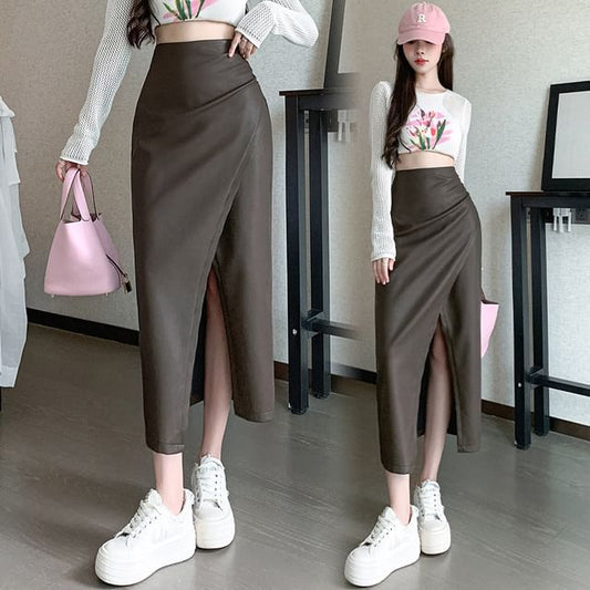 Faux Leather Slit Midi Pencil Skirt