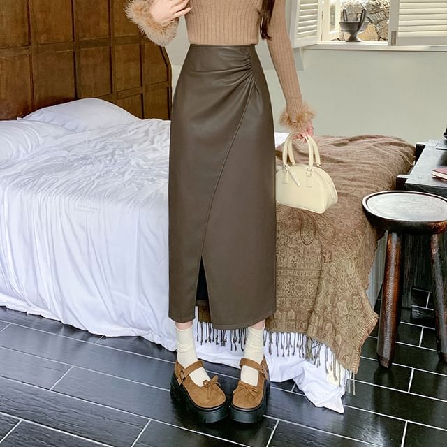 Faux Leather Slit Midi A-Line Skirt