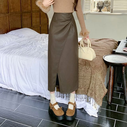 Faux Leather Slit Midi A-Line Skirt