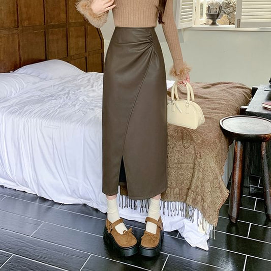 Faux Leather Slit Midi A-Line Skirt