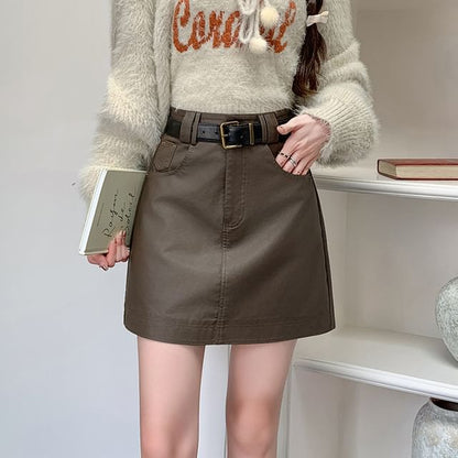 High Waist Plain Faux Leather Mini A-Line Skirt