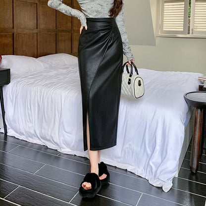Faux Leather Slit Midi A-Line Skirt