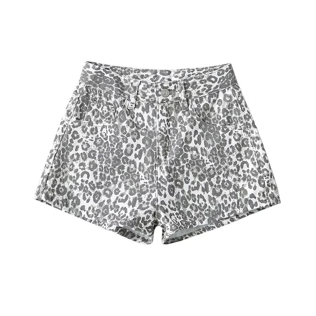 High Waist Leopard Print Denim Shorts