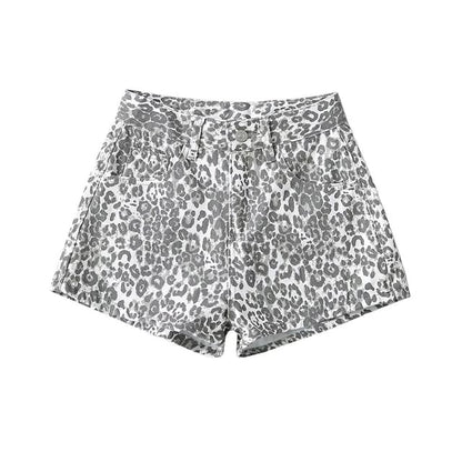 High Waist Leopard Print Denim Shorts