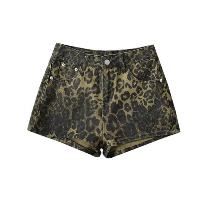 High Waist Leopard Print Denim Shorts