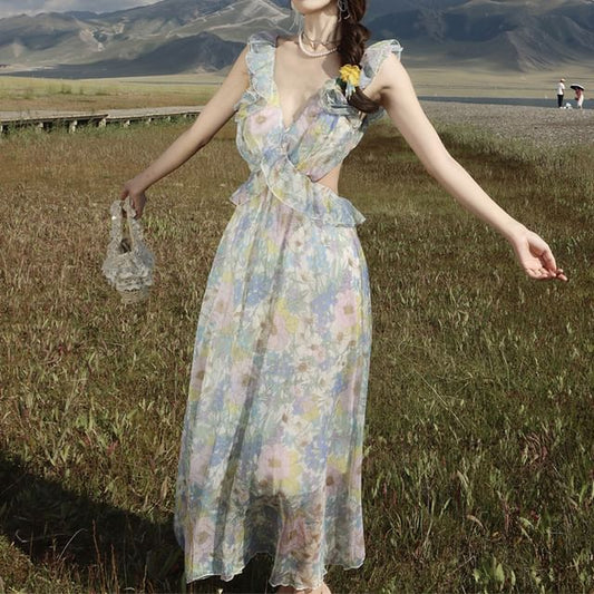Sleeveless V-Neck Floral Ruffle Cutout Maxi Sundress