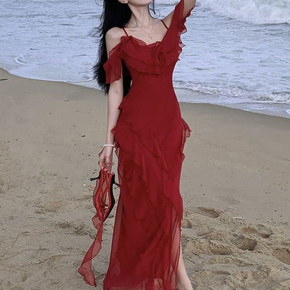 Cold-Shoulder Plain Ruffle Asymmetrical Maxi Sundress