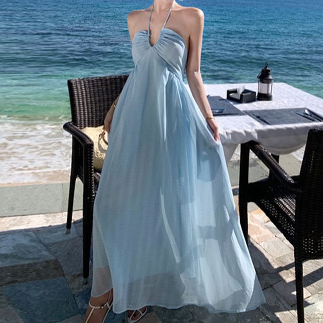 Halter Plain Tie Back Maxi A-Line Dress