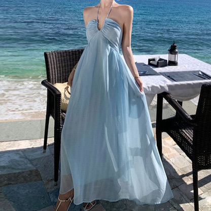 Halter Plain Tie Back Maxi A-Line Dress