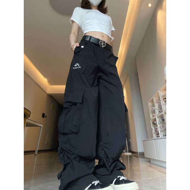 High Waist Plain Pocket Loose-Fit Wide-Leg Cargo Pants