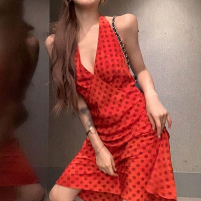 Halter V-Neck Dotted Smock Dress