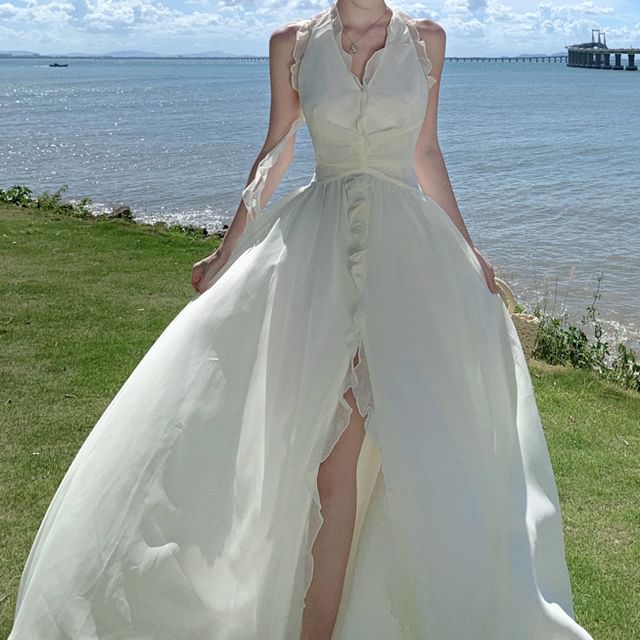 Halter V-Neck Plain Ruffle Front-Slit Maxi A-Line Dress