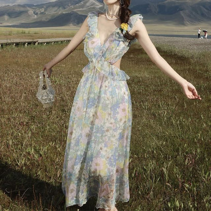 Sleeveless V-Neck Floral Ruffle Cutout Maxi Sundress