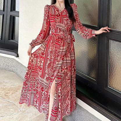 Long-Sleeve V-Neck Patterned Print Slit Maxi A-Line Dress