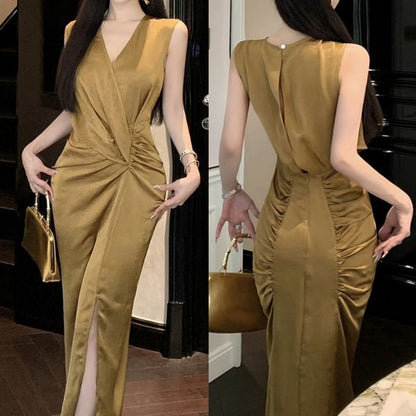 Sleeveless V-Neck Plain Ruched Slit Maxi Sheath Wrap Dress