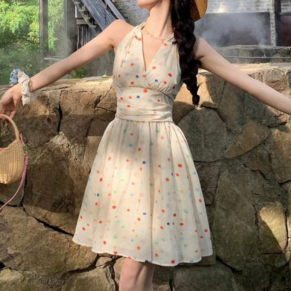 Halter V-Neck Dotted Mini A-Line Dress