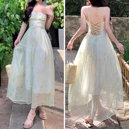 Spaghetti Strap Patterned Print Lace Up Maxi A-Line Dress