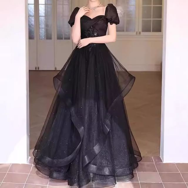 Short Sleeve Square Neck A-Line Evening Gown