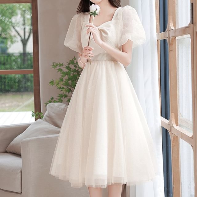 Short Sleeve V-Neck Sequin A-Line Evening Gown