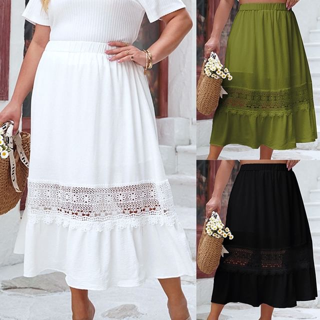 Plus Size Lace Trim Midi A-Line Skirt
