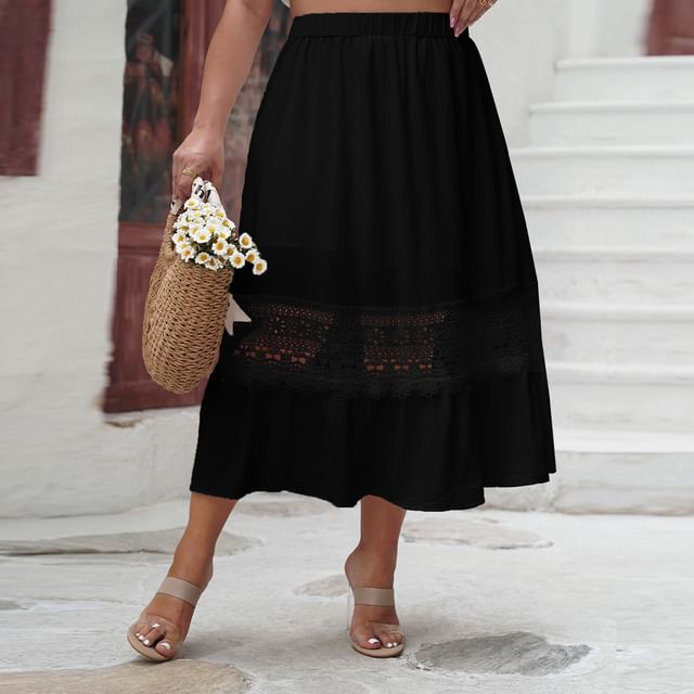 Plus Size Lace Trim Midi A-Line Skirt