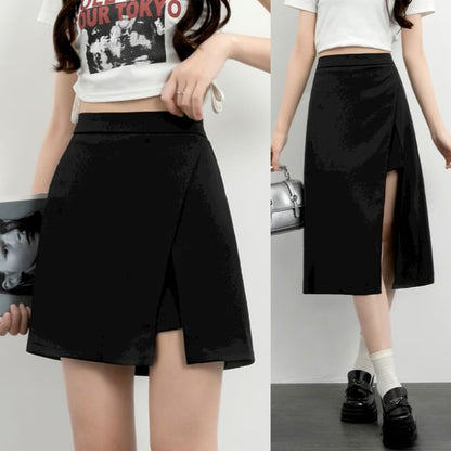 High-Waist Slit A-Line Skirt with Various Designs