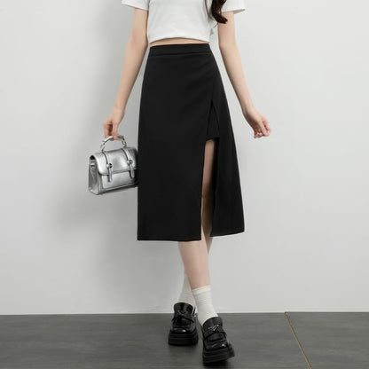 High-Waist Slit A-Line Skirt with Various Designs