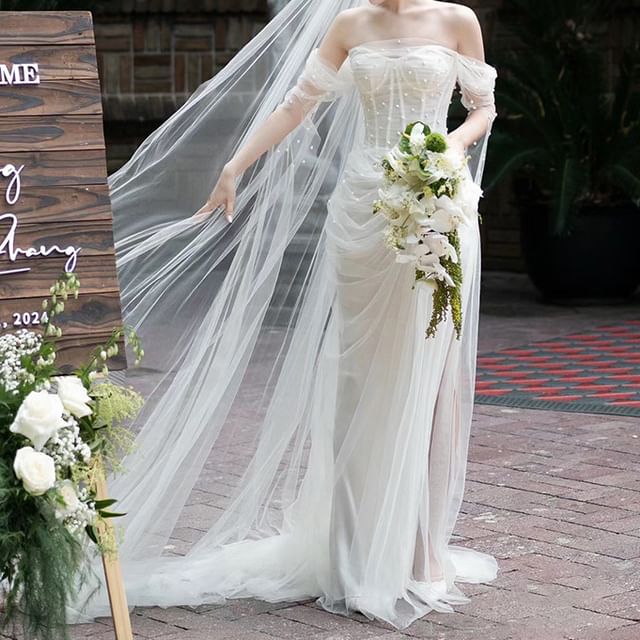 Off-Shoulder Beaded Mesh Corset Sheath Wedding Gown