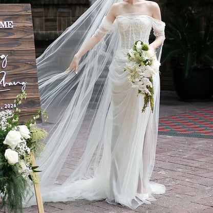 Off-Shoulder Beaded Mesh Corset Sheath Wedding Gown