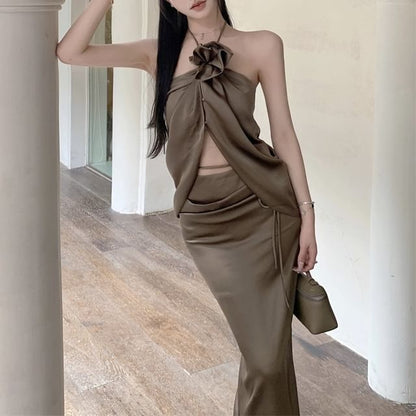 Front-Slit Halter Top with High-Rise Maxi Pencil Skirt