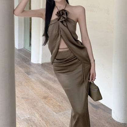 Front-Slit Halter Top with High-Rise Maxi Pencil Skirt