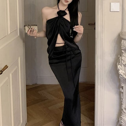 Front-Slit Halter Top with High-Rise Maxi Pencil Skirt