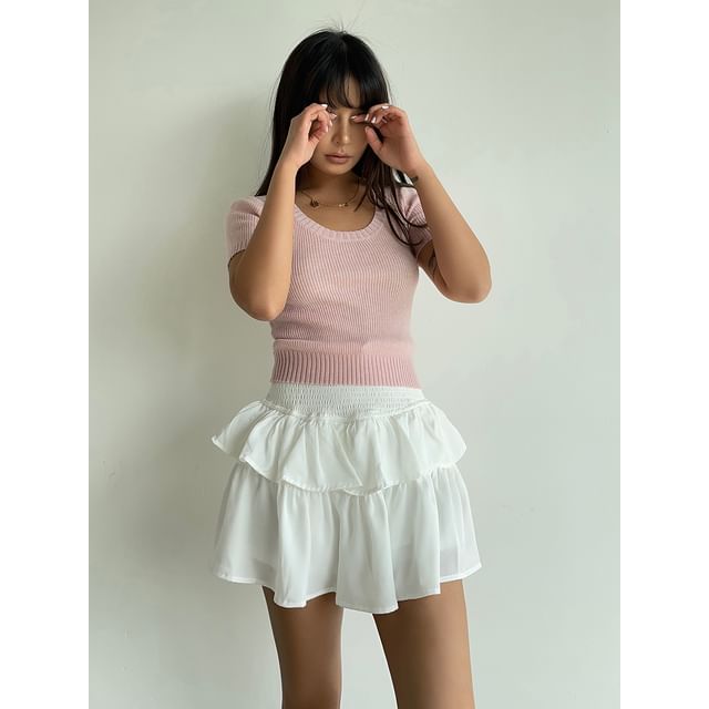 Smocked High-Waist Layered Mini Skirt