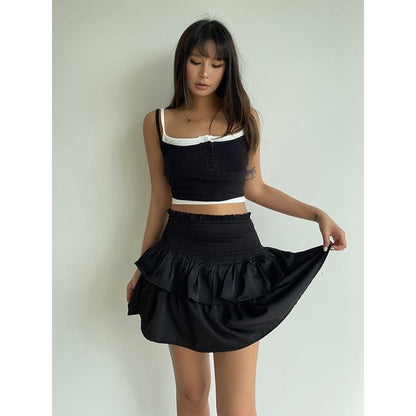 Smocked High-Waist Layered Mini Skirt