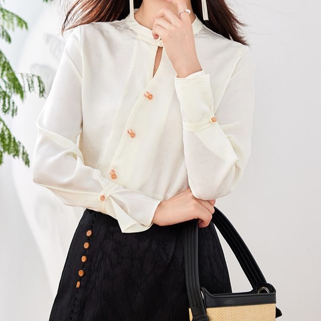 Diagonal Button Plain Cutout Blouse