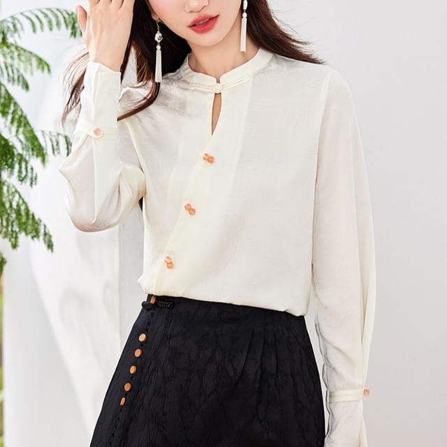 Diagonal Button Plain Cutout Blouse