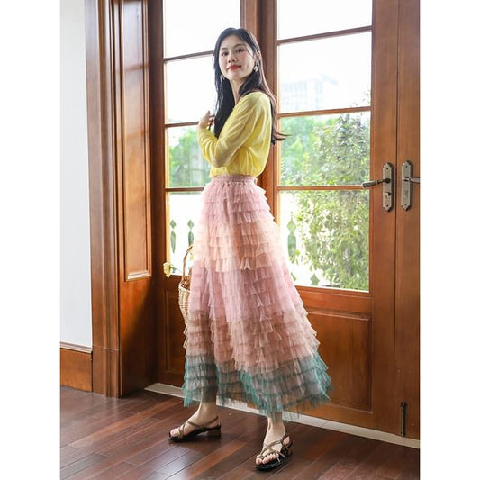Color Block Ruffle Tiered Maxi Skirt with High Waist