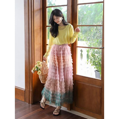 Color Block Ruffle Tiered Maxi Skirt with High Waist
