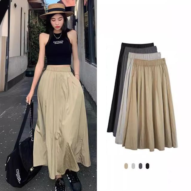 Elevated Waist Ruched Midi Flared Skirt with Plain Finish