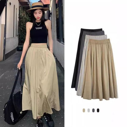 Elevated Waist Ruched Midi Flared Skirt with Plain Finish