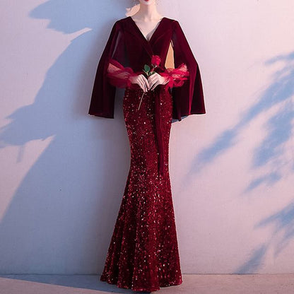 Evening Maxi Mermaid Gown Flared-Sleeve Sequin