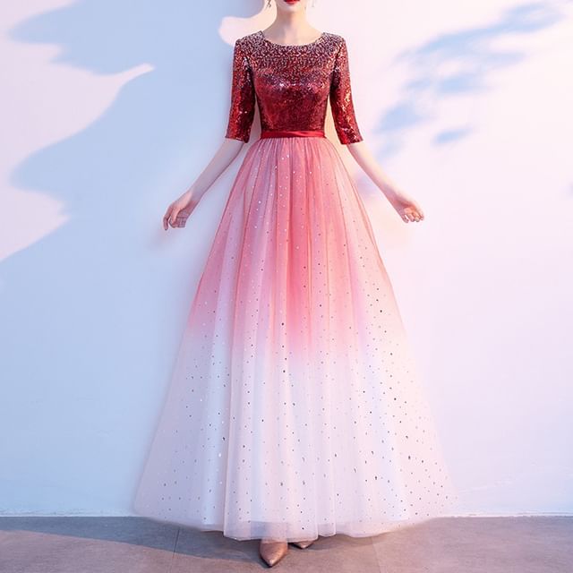 Gown Gradient A-Line Elbow-Sleeve Evening Sequin