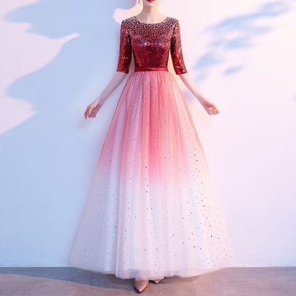 Gown Gradient A-Line Elbow-Sleeve Evening Sequin